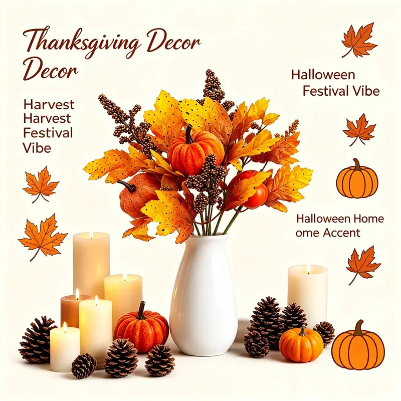 Artificial Fall Bouquet with Maple Leaves, Pumpkins, Berries, Bag & Cloth - Harvest Thanksgiving Farmhouse Decor Bundle, Autumn Floral Pick for Tabletop & Entryway Decoration