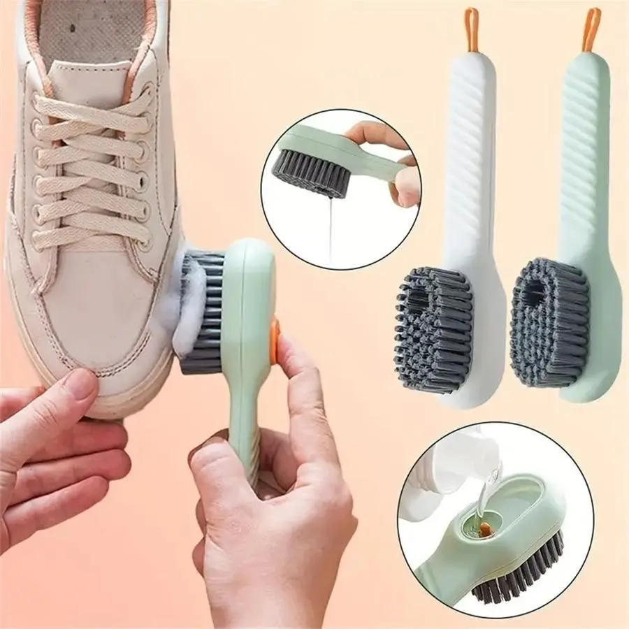 2counts Deluxe Soft Bristle Shoe Brush with Liquid Holder, Multifunctional Cleaning Tool, Long Handle, Easy to Use, Space-Saving Design