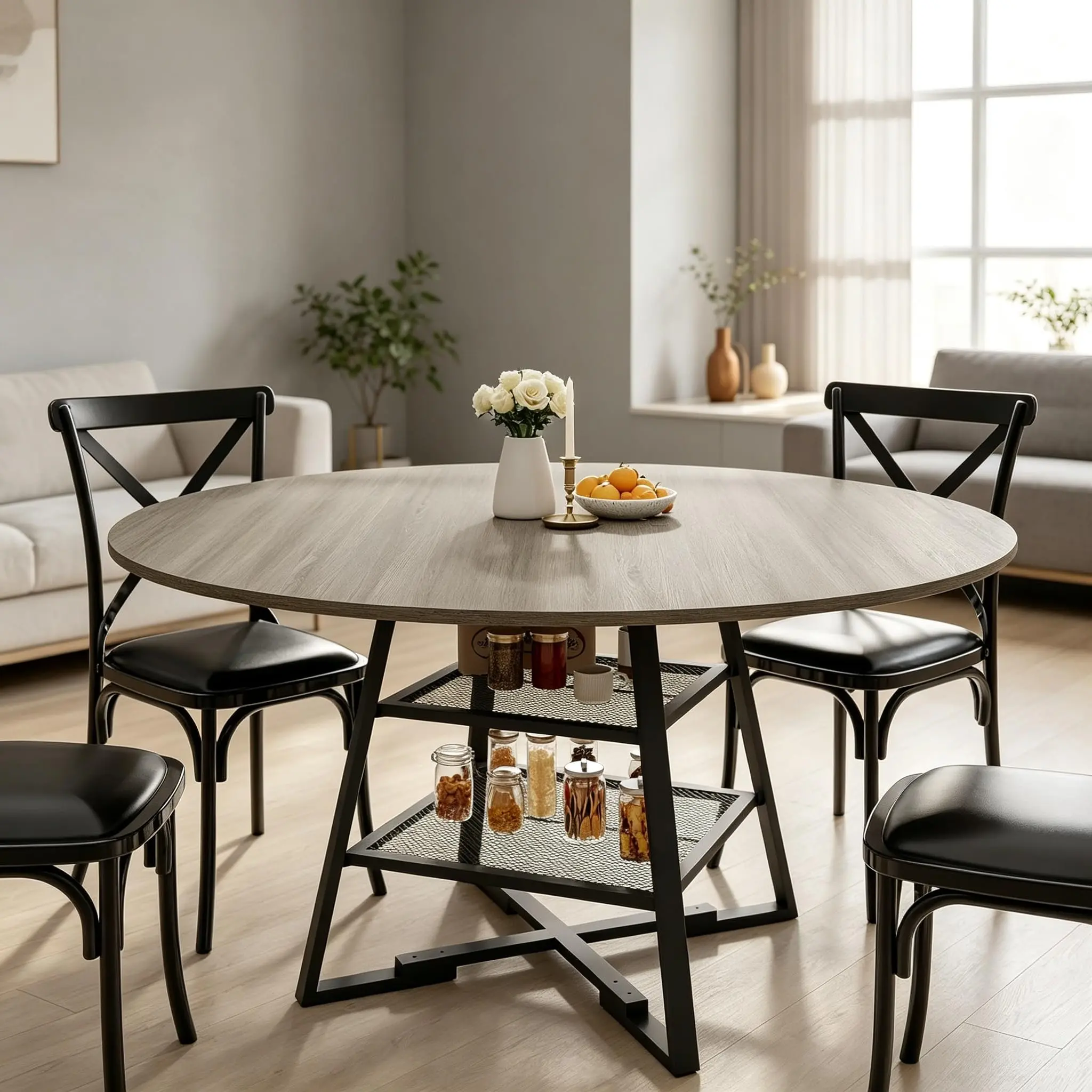 Dining Room Round Table Set for 4-6 with Metal Base, Available in 42 or 47 Inch Wooden Round Tabletop, Featuring Wood Kitchen Tables with Convenient Storage Shelf