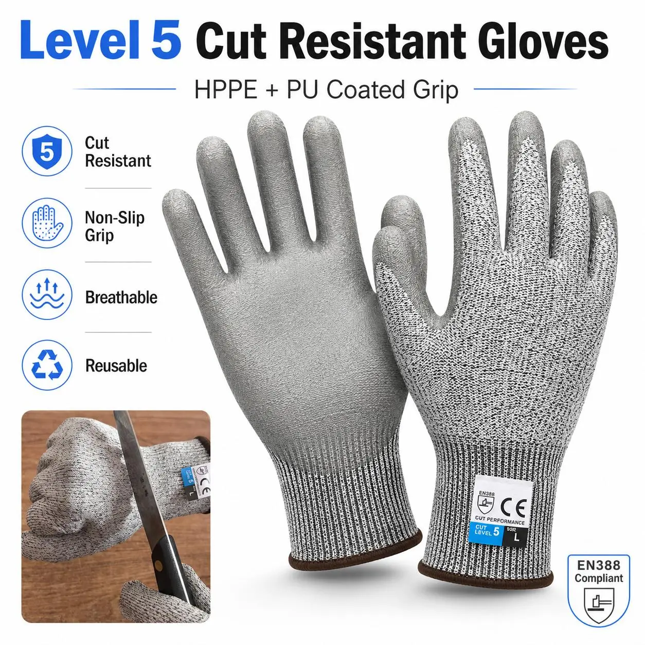 Heavy Duty Level 5 HPPE Cut Proof Protective Gloves, Matte Skid-Proof PU Coated Anti-Stab Anti-Bite Work Mittens, Standard EN388 Labor Safety Supply Widely Used in Butchery, Aquatic Processing and Kitchen Cutting Work