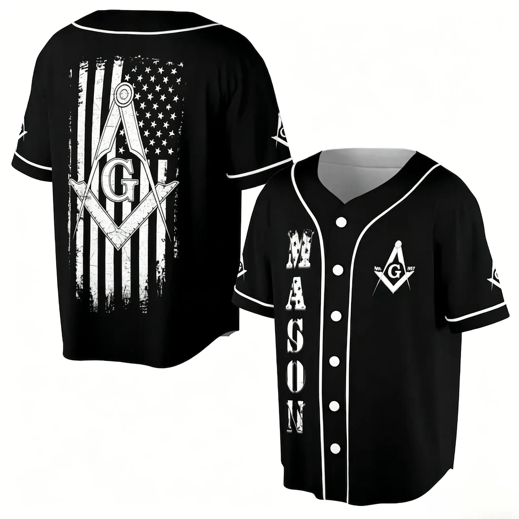 Masonic American Flag Square and Compass - Freemason Baseball Jersey, Men's Casual Baseball Shirt, Gift for Men