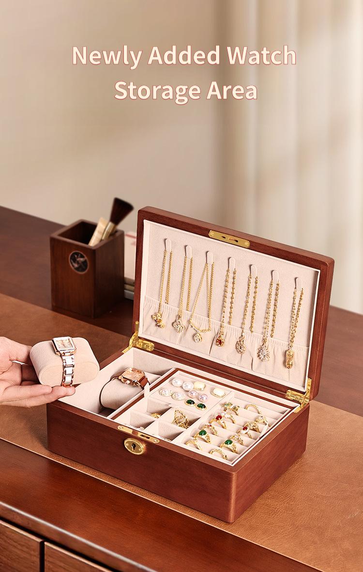 Solid wood embedded double-layer home jewelry box, desktop earring and ring storage box, flip-top lockable accessory storage box