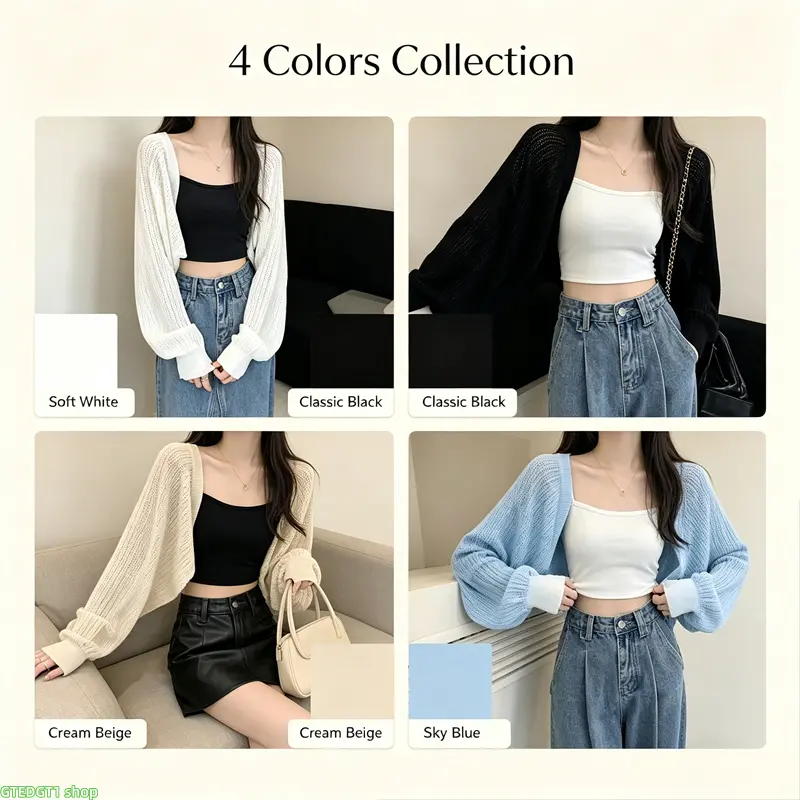 Women's Cropped Cardigan Sweater, Casual Solid Color Long Raglan Sleeve Basic Knitwear for Spring and Autumn