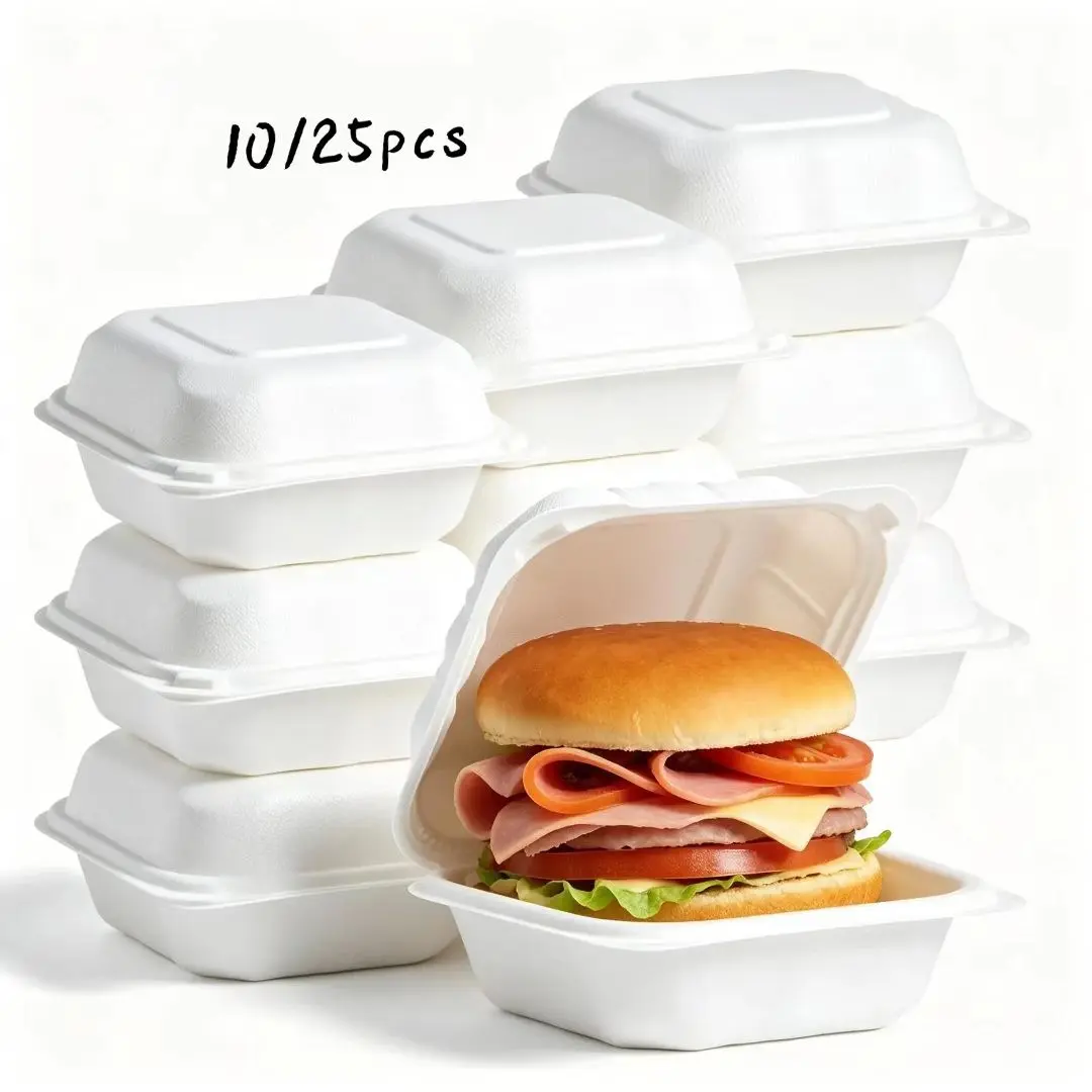 10/25pcs Food Containers, Compostable Food Boxes, Disposable Portable Containers for Takeout Meals, 100% Biodegradable Sugarcane, Microwave Safe
