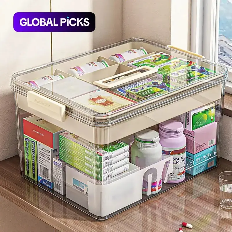 Clear Transparent Medicine Storage Box with Handle, 1/2-Count Large-Capacity Plastic Pill Organizer, Portable Multipurpose Dustproof Storage Box Container Organizer, Household Home Organizer, Plastic Storage Bins #GLOBAL PICKS