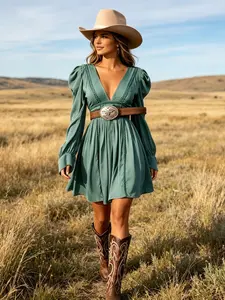 Western Country Concert Midi Dress, Deep V Neck, Puff Sleeve, Satin Casual Bohemian Boho Chic Style, Perfect for Cowgirl Rodeo Festival, Bohemian Style Dresses