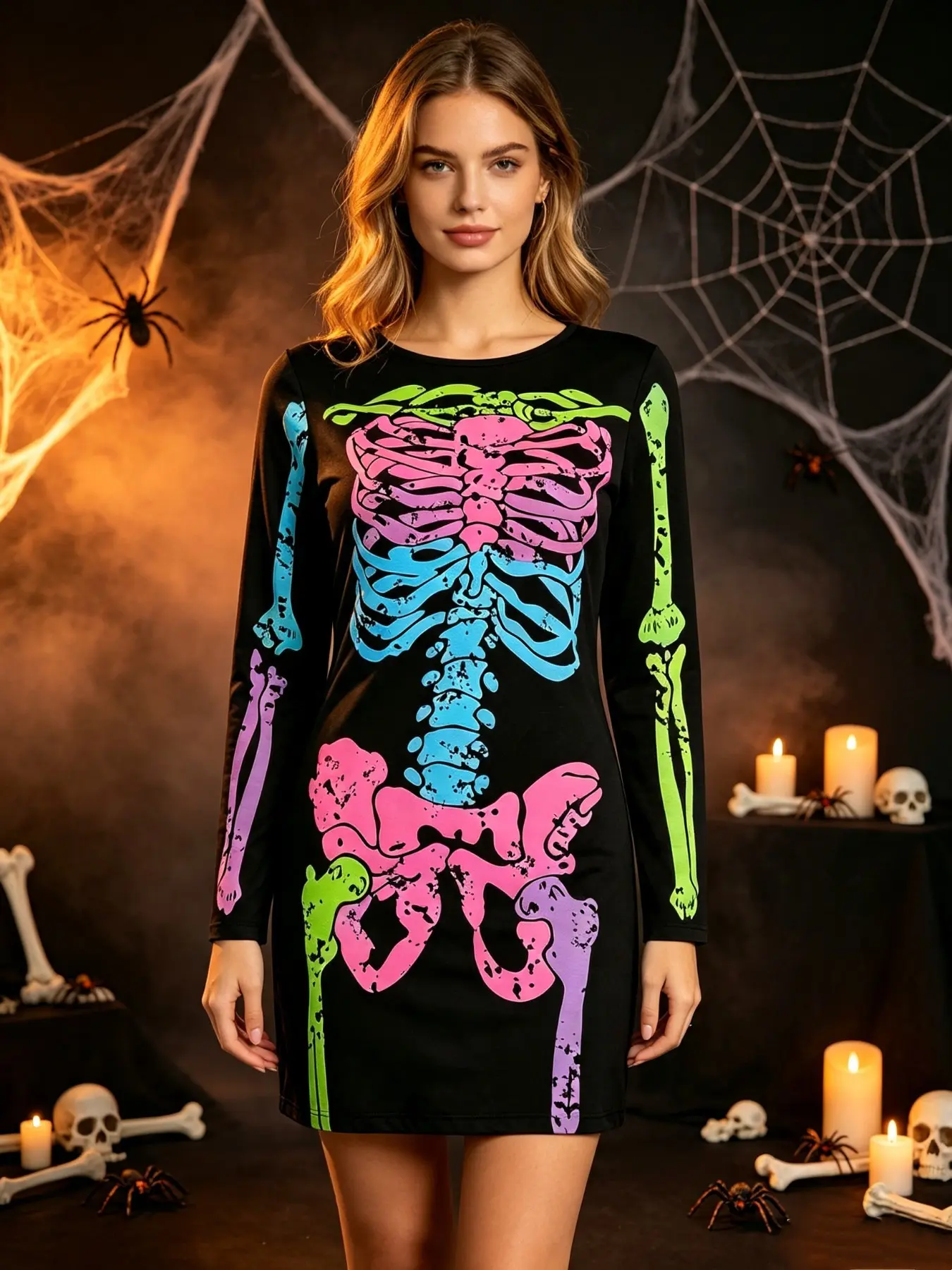 Halloween Skull Skeleton Print Long Sleeve Bodycon Short Dress, Sweet Cool Halloween Party Cosplay Tight Fit Dress, Perfect for Costume Events