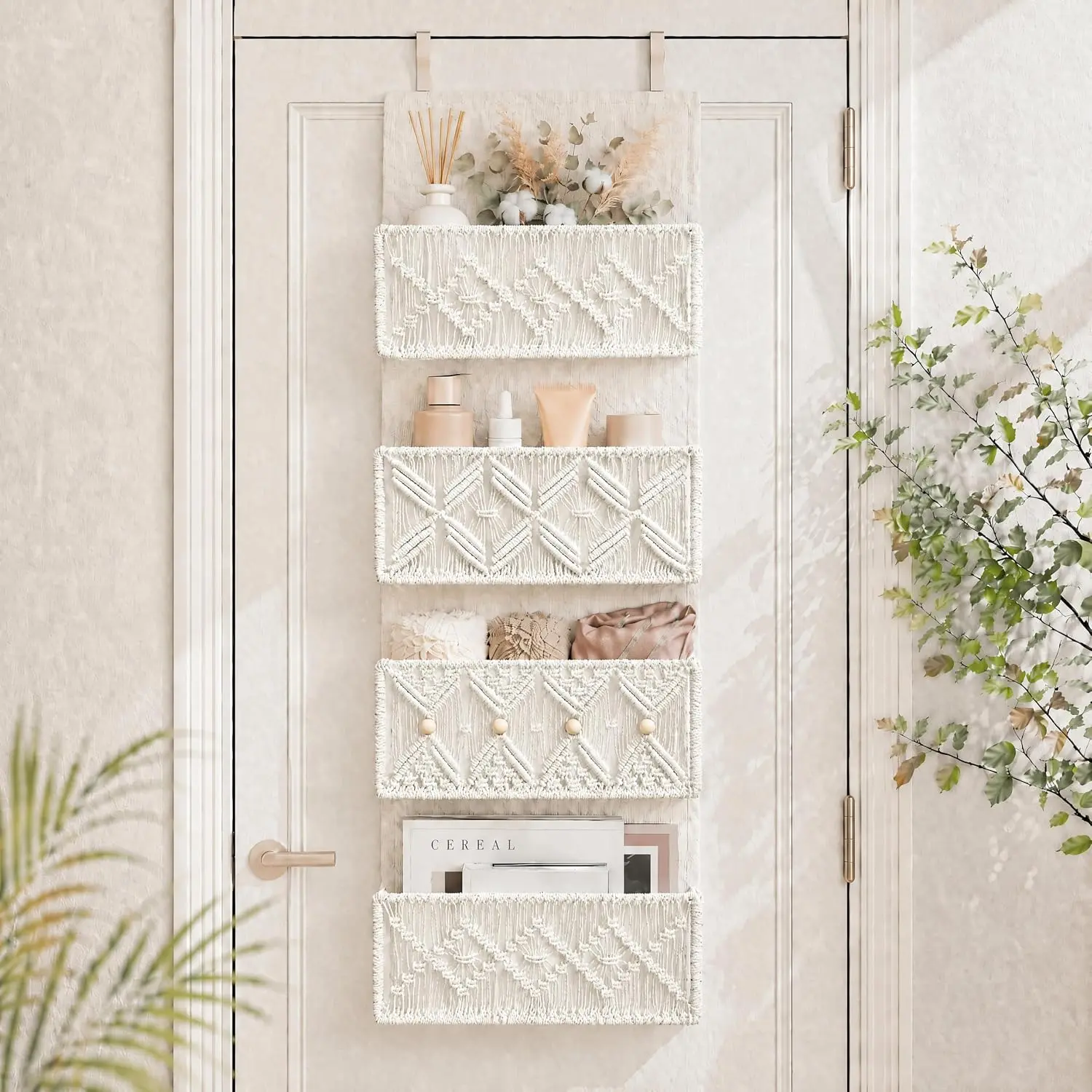 Boho Macrame Over The Door Organizer - Handwoven Decorative Over The Door Storage with Metal Hooks Included, 4 Colors for Bathroom, Bedroom, Nursery, Closet & Dorm| Boho Macrame Decor