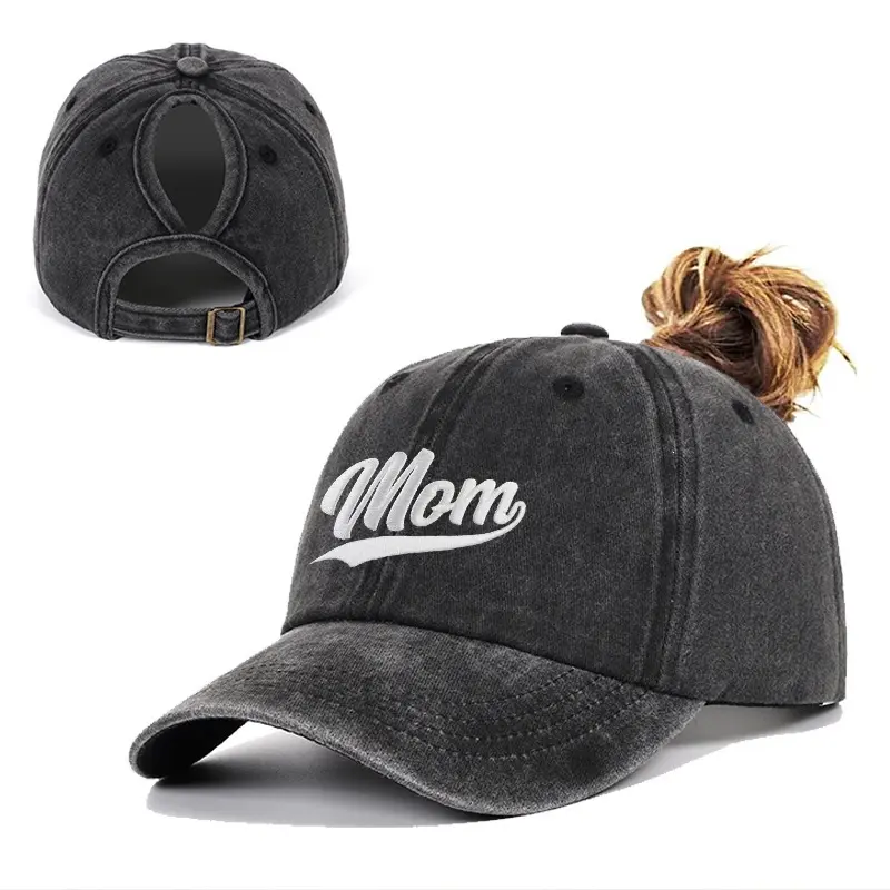 Women's Embroidered Washed Denim Ponytail Trucker Hat - Criss Cross Elastic Back, High Messy Bun Fit, Sunshade Visor, Ponytail Hole, Outdoor Wear, Athletic Training Sports & Outdoor Hat, Mother's Day Gift, Trucker Hats Women, Women's Trucker Hat