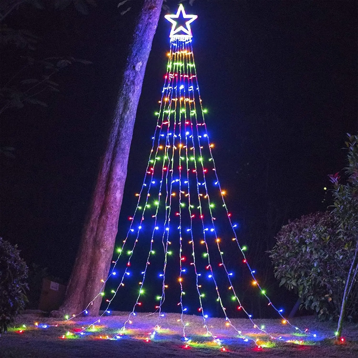 () Christmas Lights, Outdoor Christmas Decorations, 320 LED Waterfall String Lights, 8 Light Modes Chrsitmas Lights with 12"  Tree Topper for Yard, Party,  Year (Multicolor)