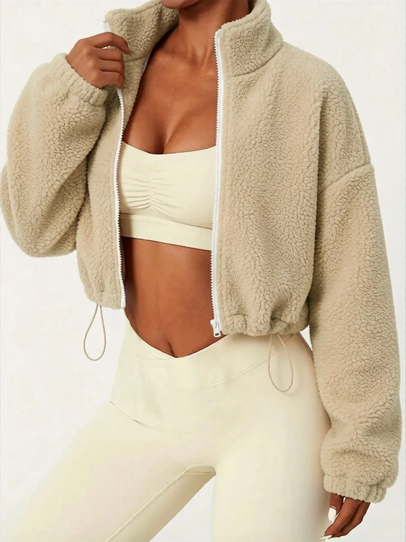 Women's High Neck Stand Collar Zip-Up Cropped Jacket, Fleece Cropped Top With Drawstring Hem. Suitable for daily casual wear, fitness outings and outdoor street styling.