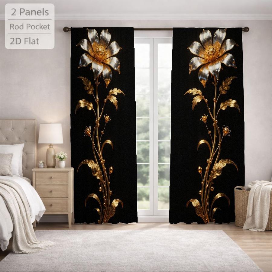 2Pcs Luxury Golden Flower Pattern Vintage Floral Sun Blocking Curtains Digital Printed Rod Pocket, Window Treatment For Bedroom Office Kitchen Living Room Study Home Decor