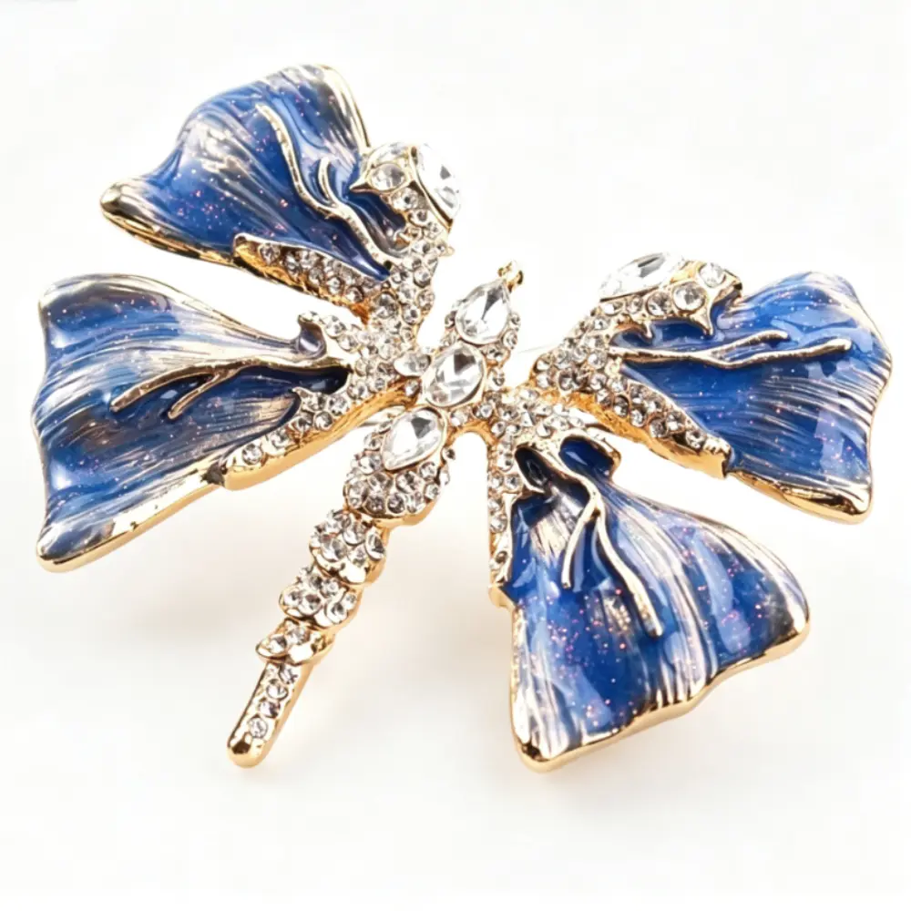 Gold Dragonfly Brooch Glitter Blue Gradient Enamel Wings Trimmed Clear Rhinestone Elegant Women Clothing Pin