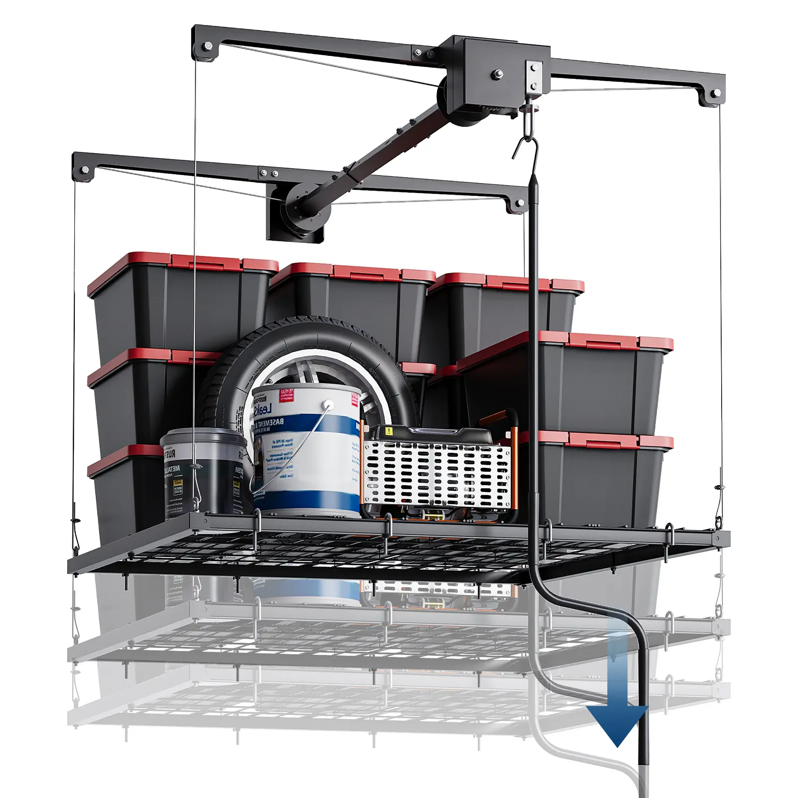 Garvee Steel Adjustable Rectangle Overhead Garage Ceiling Storage Rack - 4x4ft Heavy-Duty Household Organizer, 250 lbs Capacity, Easy Manual Crank & Joist Fitting Installation, Automatic Safety Lock Mounted Shelf (Power Drill Compatible) for Garage, Attic