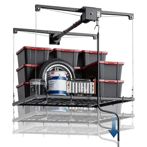 Garvee Adjustable Overhead Garage Ceiling Storage Rack – Heavy Duty 4x4ft Organizer with 250 lbs Capacity – Space-Saving Mounted Shelf for Attic, Basement, Garage or Storage unit – Automatic Safety Lock