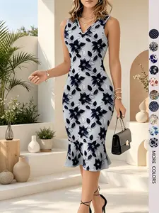 V Neck Fitted Slim Women's Dress, Elegant Waist-Cinch Printed Mermaid Dress, Elastic Mid-Length Polyester Dress, Spring Summer Evening Wear
