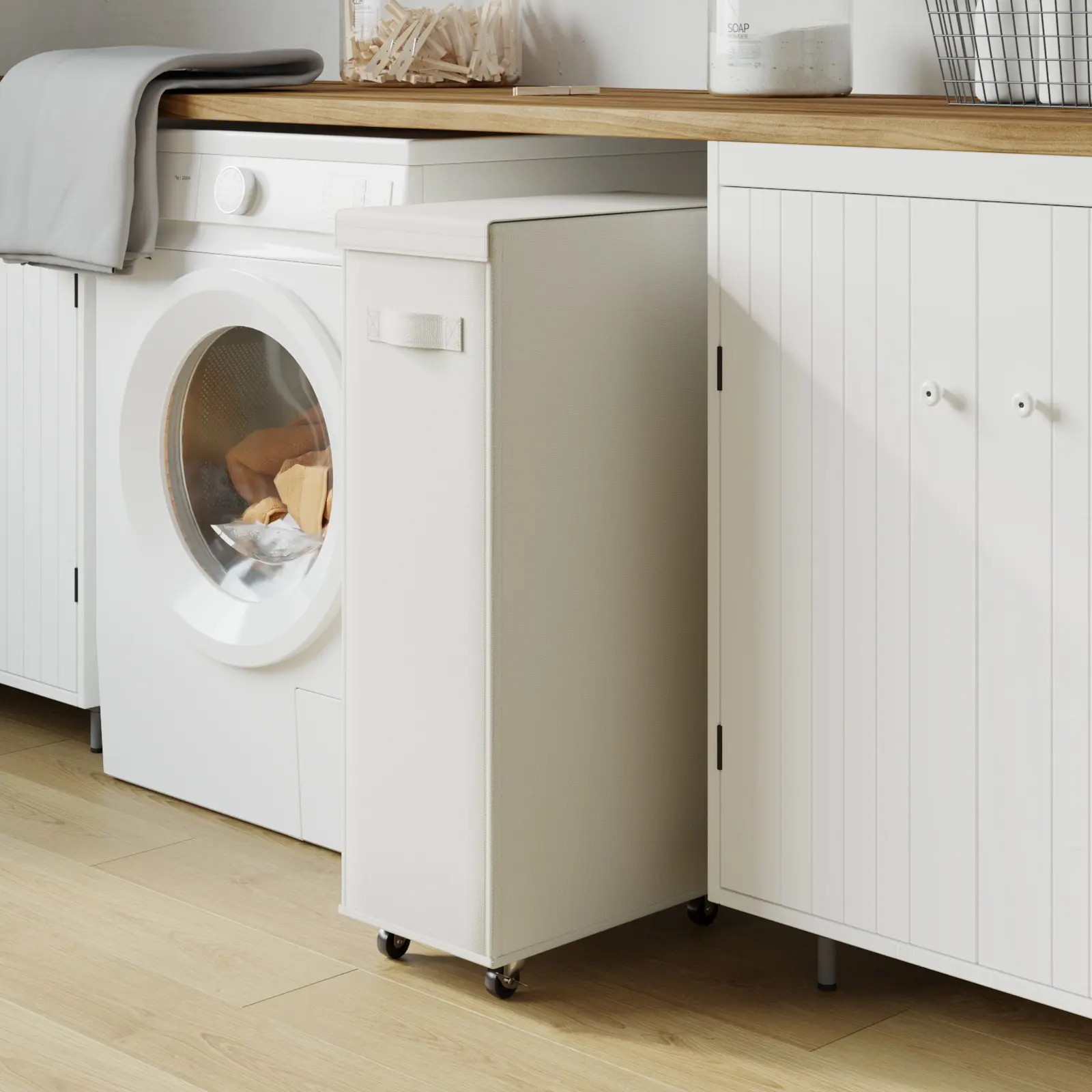 Foldable Fabric Laundry Basket with Lid and Wheels, Slim Gap Storage Bin, Multifunctional Portable Trash Can for Bathroom, Laundry Room, Dormitory
