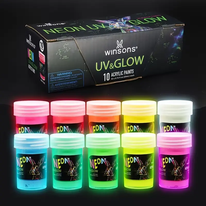 WINSONS Glow-in-the-Dark Acrylic Paint Set, 10 Vibrant Neon UV-Reactive 22ml/0.74oz Colors, Art Supplies for DIY Crafts, Halloween Party Decor