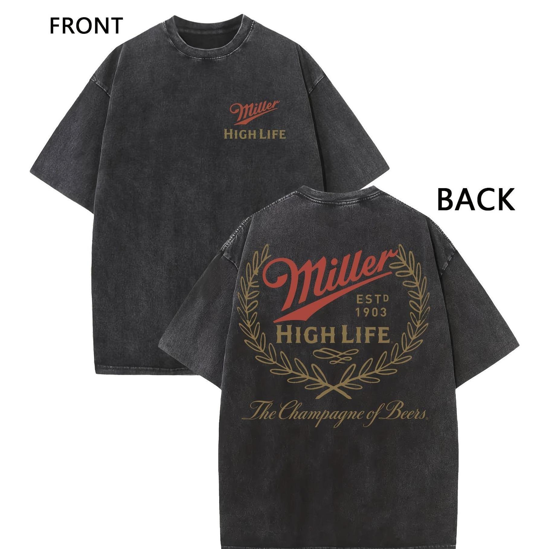 Sunland Miller High Life Acid Wash Tee Champagne Beer Front And Back Graphic Print, Boutique 230g Washed Distressed Batik Thickened Cotton T-shirt, Men's Fashion Casual Cotton T-shirt, Short Sleeve Crew Neck T-shirt Sunland Miller High Life Acid Wash Tee Champagne Beer Front And Back Graphic Print, Boutique 230g Washed Distressed Batik Thickened Cotton T-shirt, Men's Fashion Casual Cotton T-shirt, Short Sleeve Crew Neck T-shirt