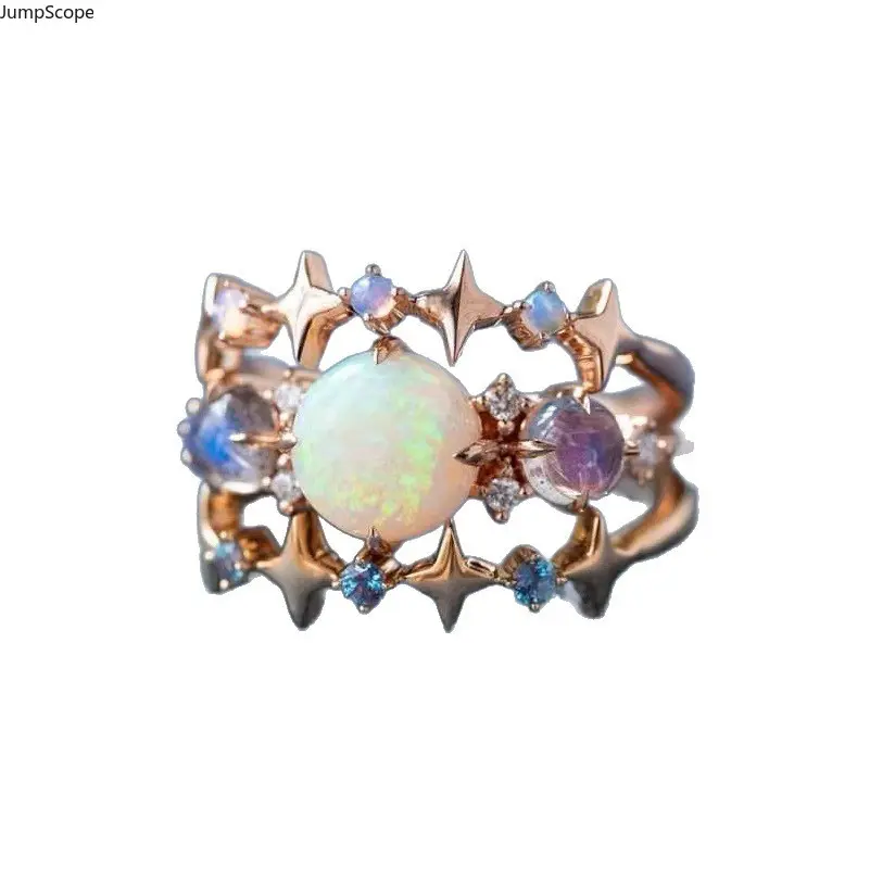 Rose Gold Plated Celestial Opal 3Pcs Stackable Ring Set For Women, Four Pointed Star Labradorite Moonstone Dainty Thin Midi Band For Boho Daily Valentine Birthday Gift