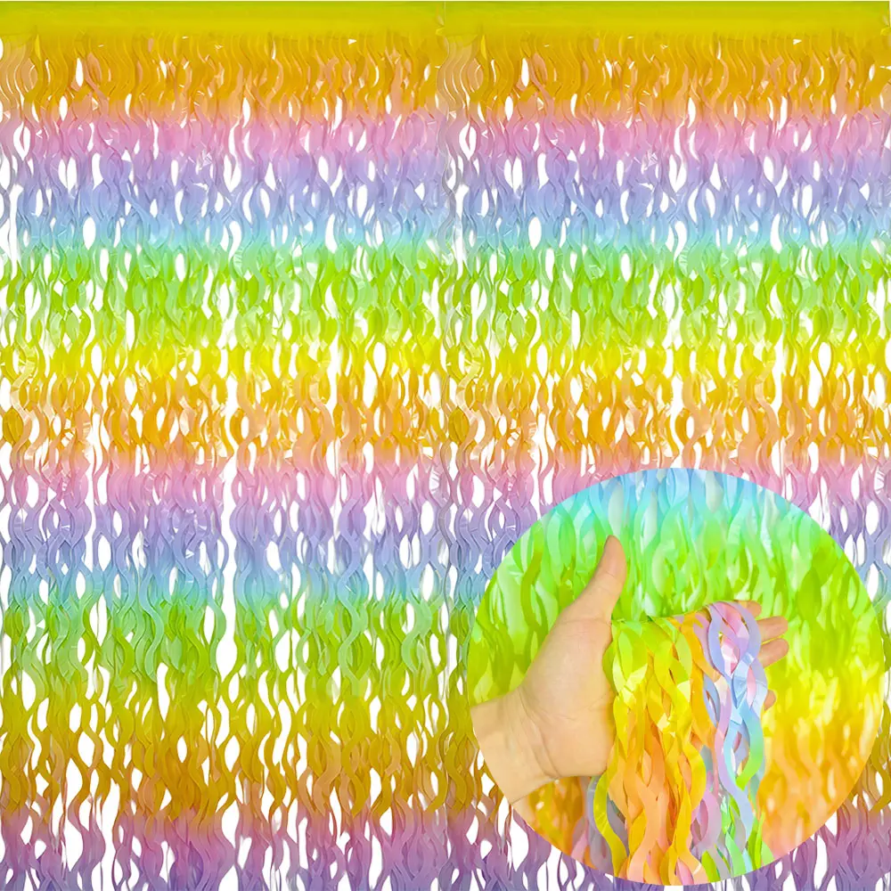 2 PACK Pastel Rainbow Wave Foil Fringe Curtain Streamers Party Backdrop Foil Fringe Backdrop Curtains Tinsel Streamers for Birthday Party Easter Decorations Party Decor Props
