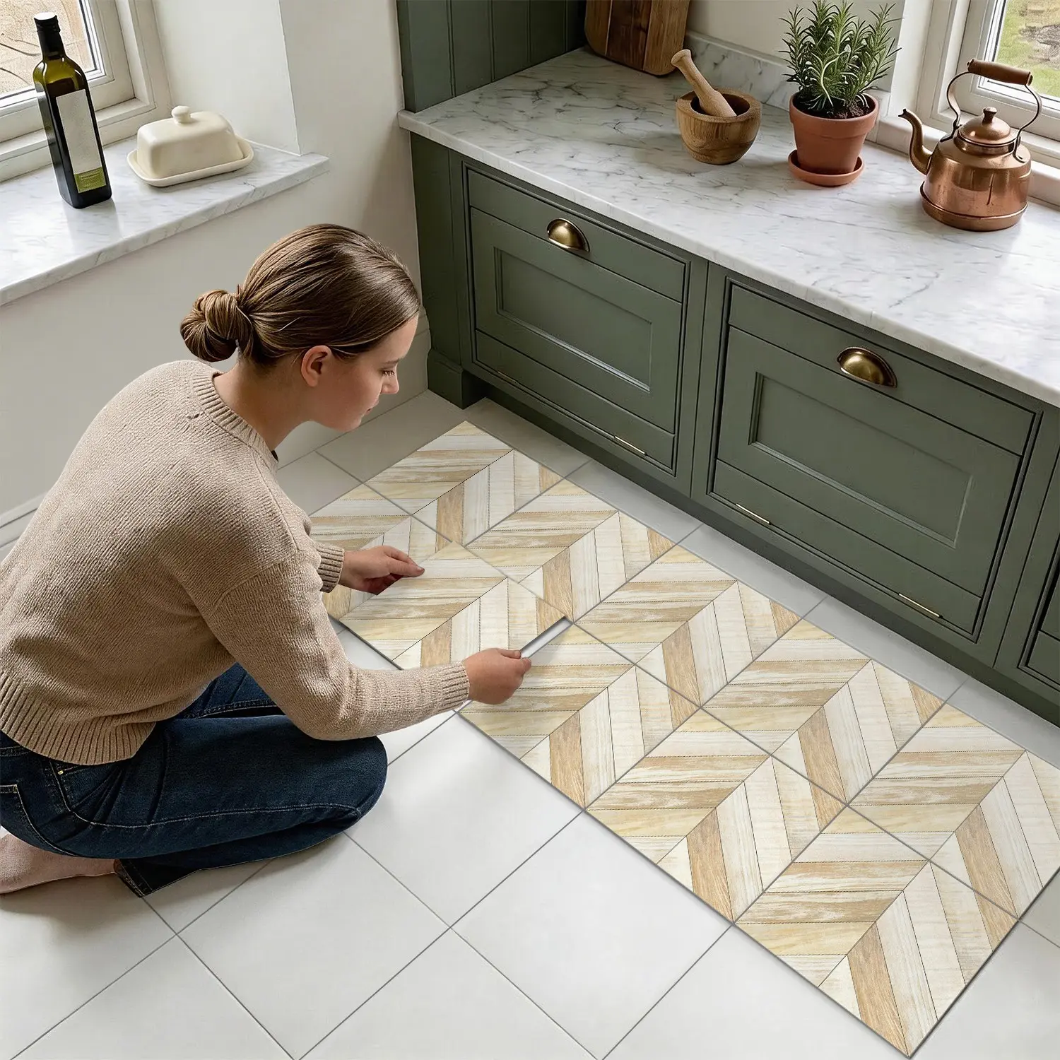 10PCS Per Box PTS Frosted PVC Peel & Stick Tile Stickers, Light Beige & Light Wood Two-Tone Distressed Herringbone Grain, Waterproof Oil-Proof Shock Resistant DIY Decals For Kitchen, Bathroom, Old Tile & Wood Panel Home Decor