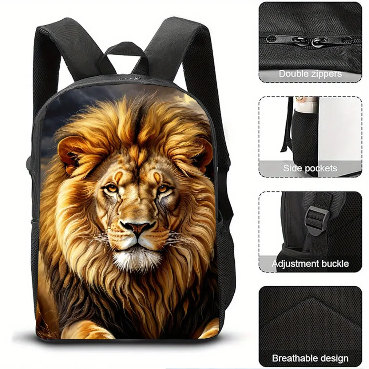 1pc Lion Backpack, Large Capacity 43.18 cm Casual Backpack Laptop Bag with Water Bottle Holder - Lightweight Durable School Backpack, Autumn Gift, Fall Home Decor, Unisex Work Commute Travel Picnic Holiday Birthday Gift, Adjustable Shoulder Straps