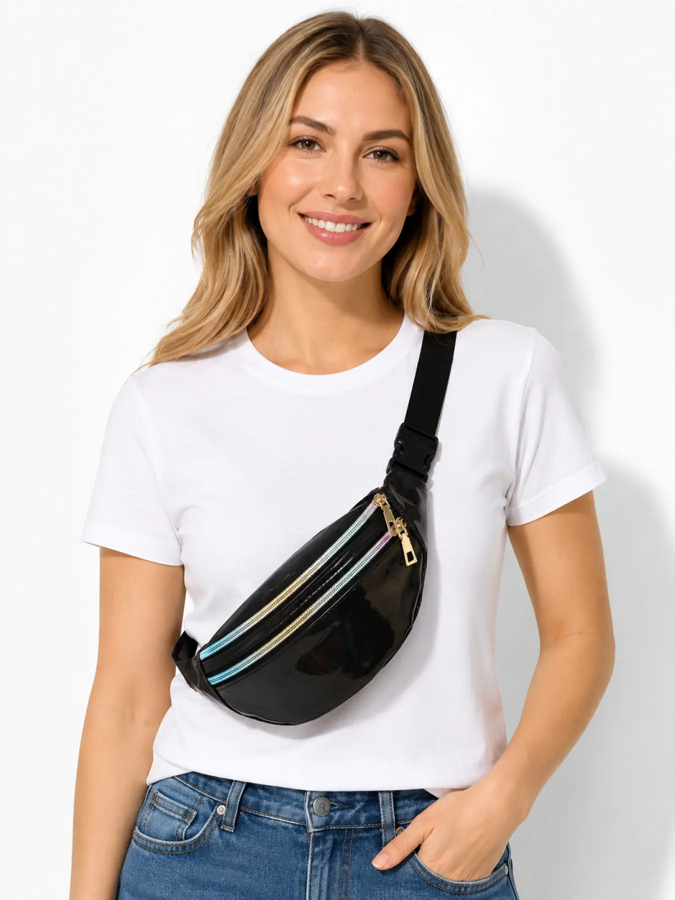 Cute Metallic Waist Bag for Women, Trendy Crossbody Belt Bag, Bumbag with Reflective Holographic Finish, Stylish Chest Pack for Festival Party Vacation Beach Shopping Running and Daily Use, Popular Gift Idea for Girlfriend and Sister