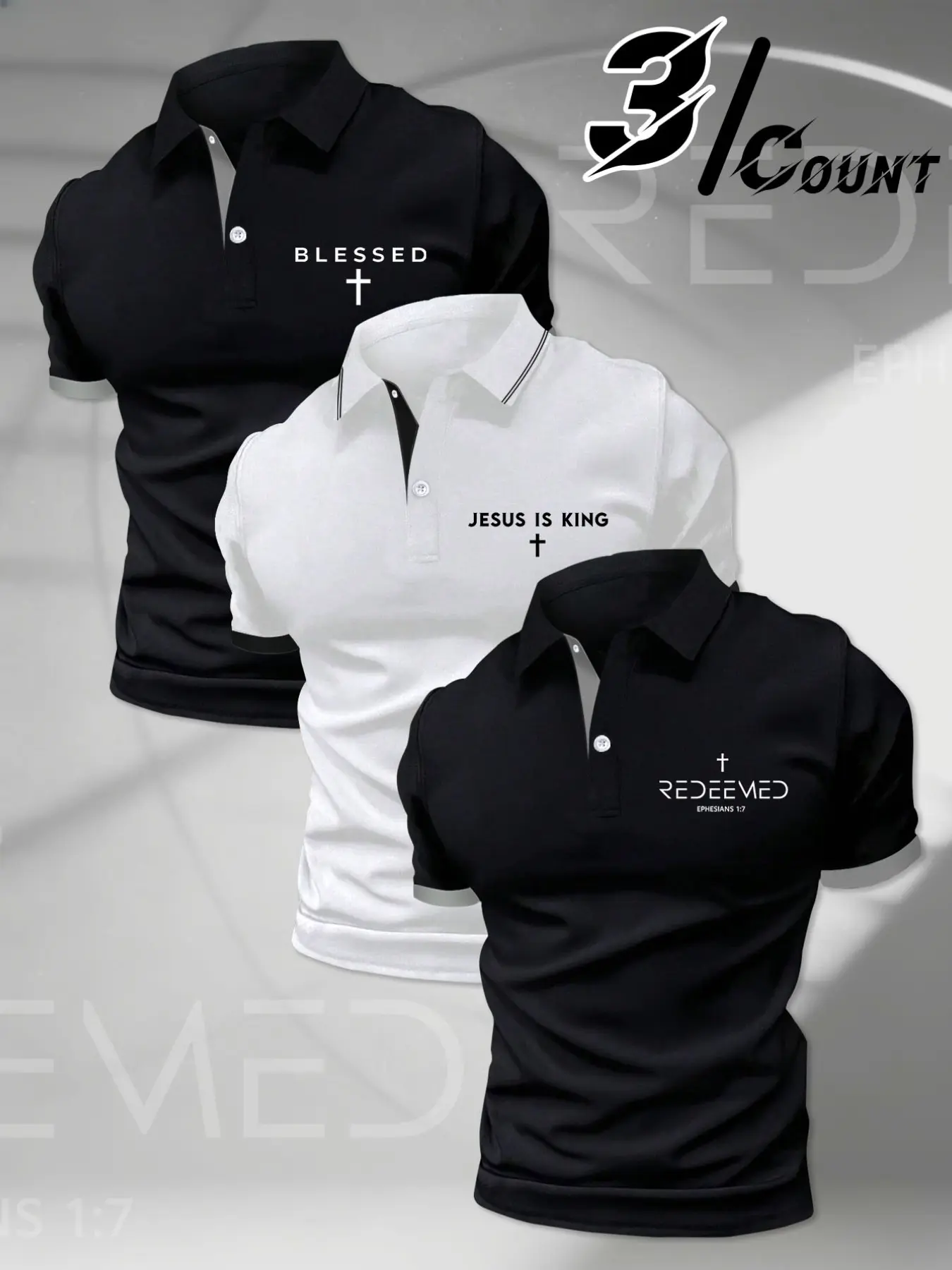 3 Pack Christian Faith Men Polo Shirts Blessed Jesus Is King Redeemed Bible Quote & Cross Chest Prints Button Placket Neat Collar Soft Wrinkle-resistant Fabric Short Sleeve Polos For Church Work Golf Daily Religious Occasions