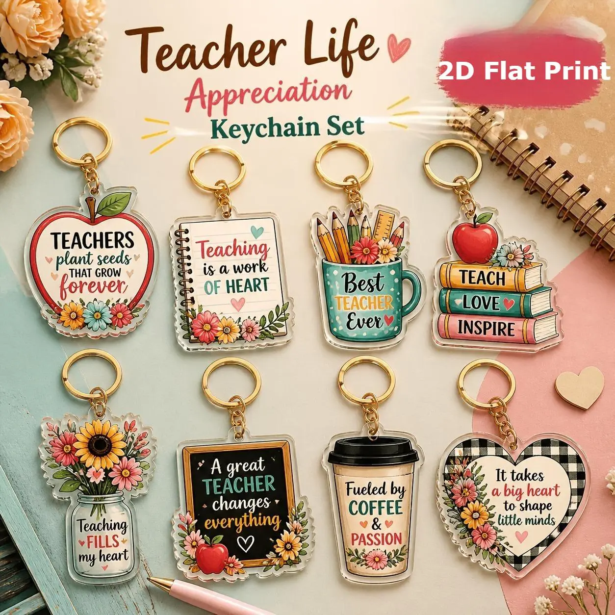 8pcs Motivational Teacher Appreciation Acrylic Aesthetic Keychain 2D Flat Colorful Floral Sayings Bag Charm Thank You Educator Gift
