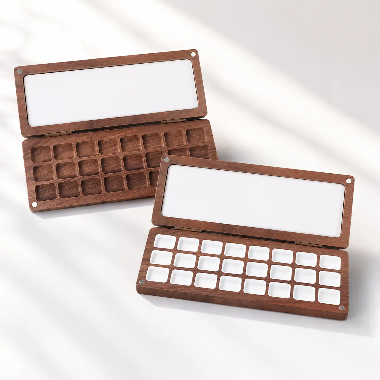 SeamiArt Walnut Wood Watercolor Palette Box 24 Slots - Magnetic Closure Brass Hinge, Empty Paint Case or Complete Set with Watercolor Pans, Back to School, Class Reward Gift Idea, Art Supplies