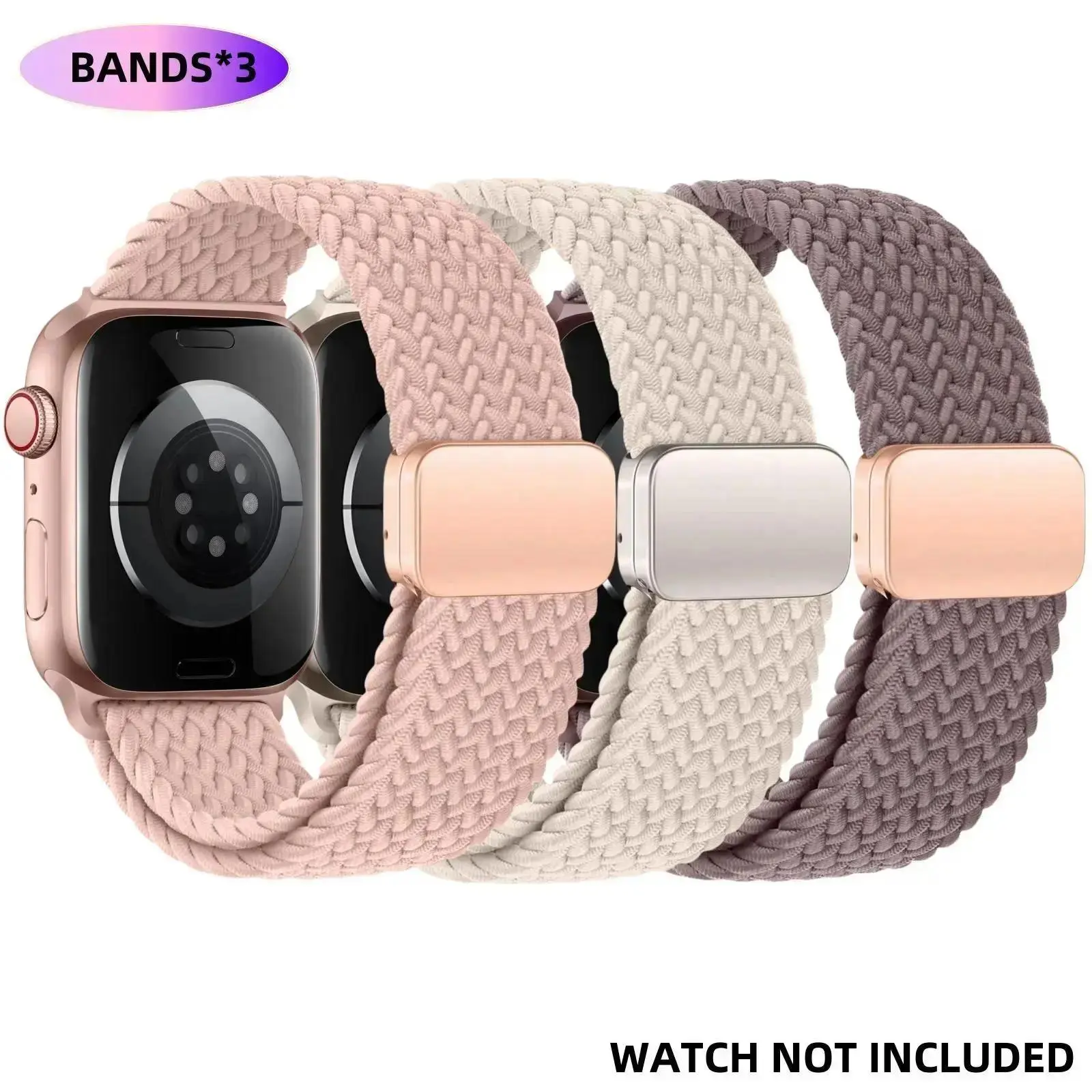 3-Pack Magnetic Braided Solo Loop Apple Watch Bands, Adjustable Nylon Straps Compatible with All Apple Watch Series, Ultra and SE 1-11