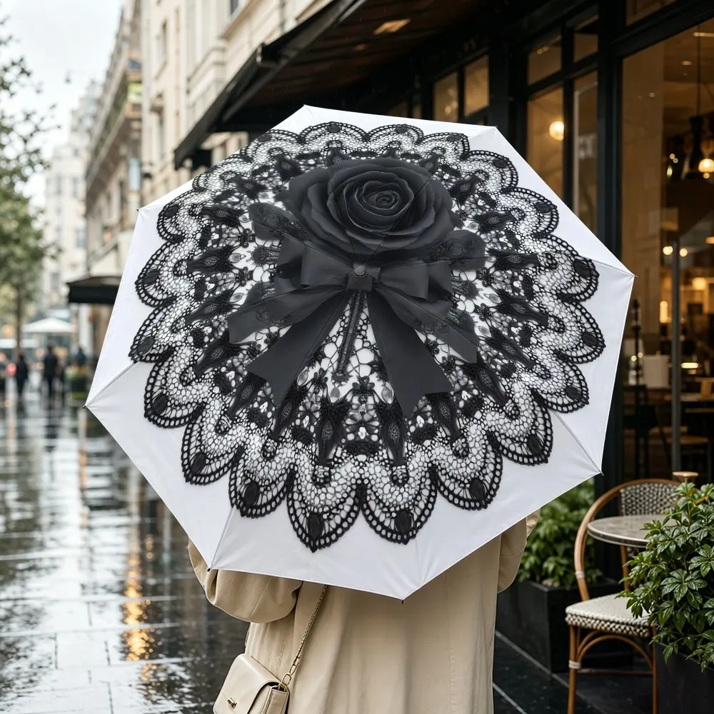 Lace Rose Bow Folding Umbrella, Automatic Open, Iron Frame, Portable Design, Suitable for All Seasons, Travel, Office, Formal Events, Whimsical Umbrella