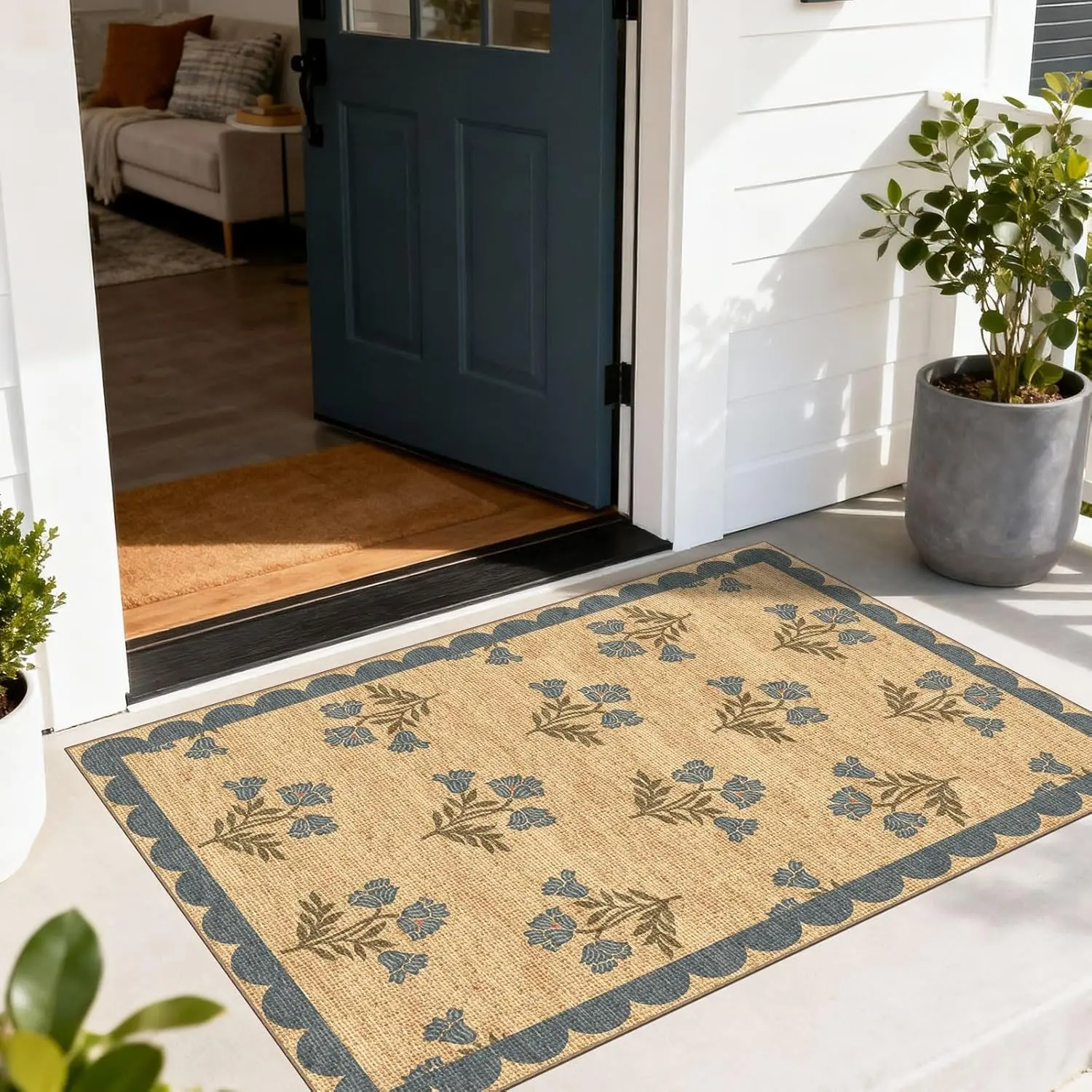 Front Door Doormat Outdoor Entrance - 2x3 Floral Non-Slip Washable Door Mat, Suitable for Indoor and Outdoor Use, Floral Beige Neutral Farmhouse Style Wavy Edge Door Rug, Decorative Rug for Small Porches, Kitchen, and Front Entry, Outdoor Entryway Doormat