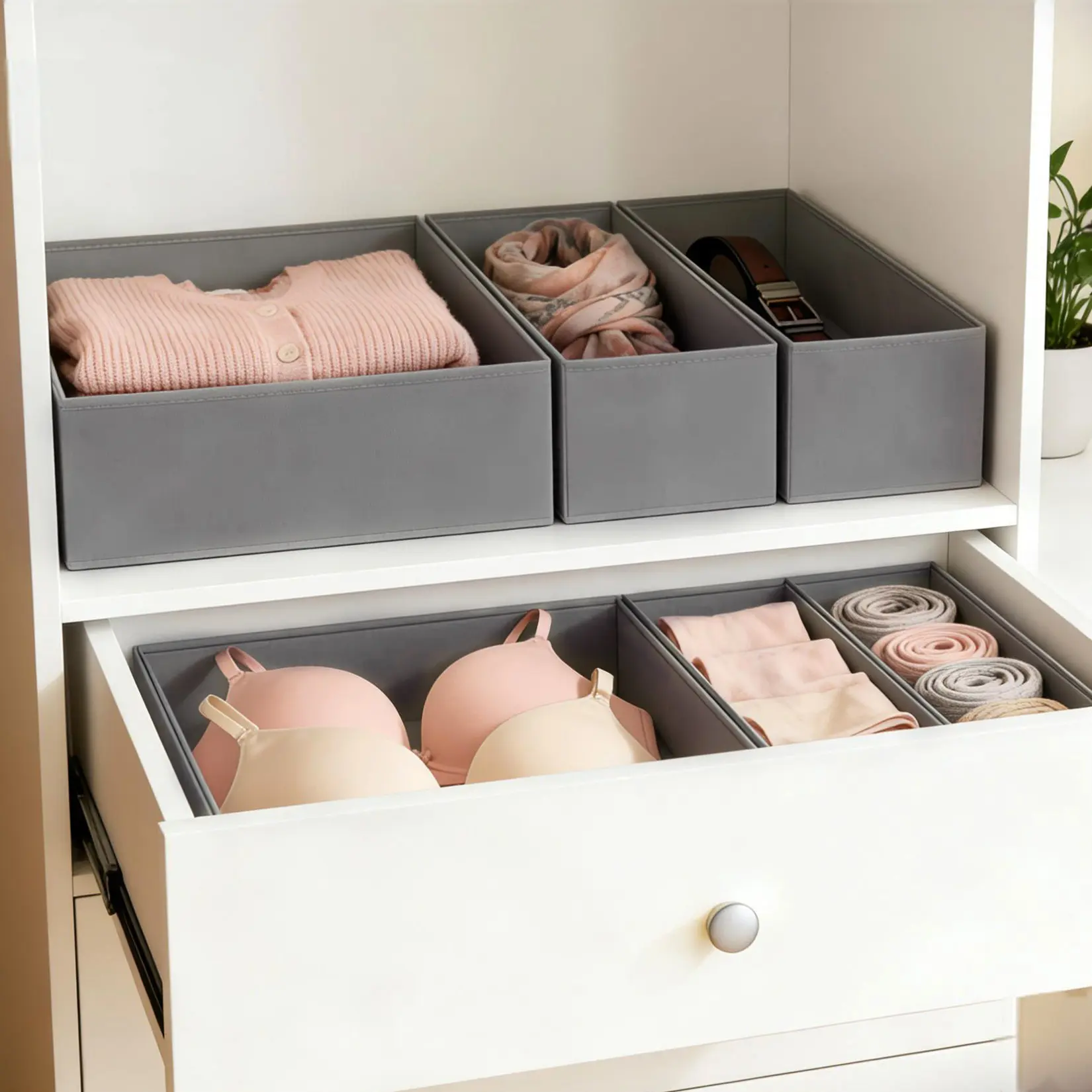Foldable Fabric Drawer Organizer Boxes, 18-Piece Dresser Bins for Baby Clothes, Underwear, Bra & Accessory Storage, Bedroom Closet Divider Organization Holders
