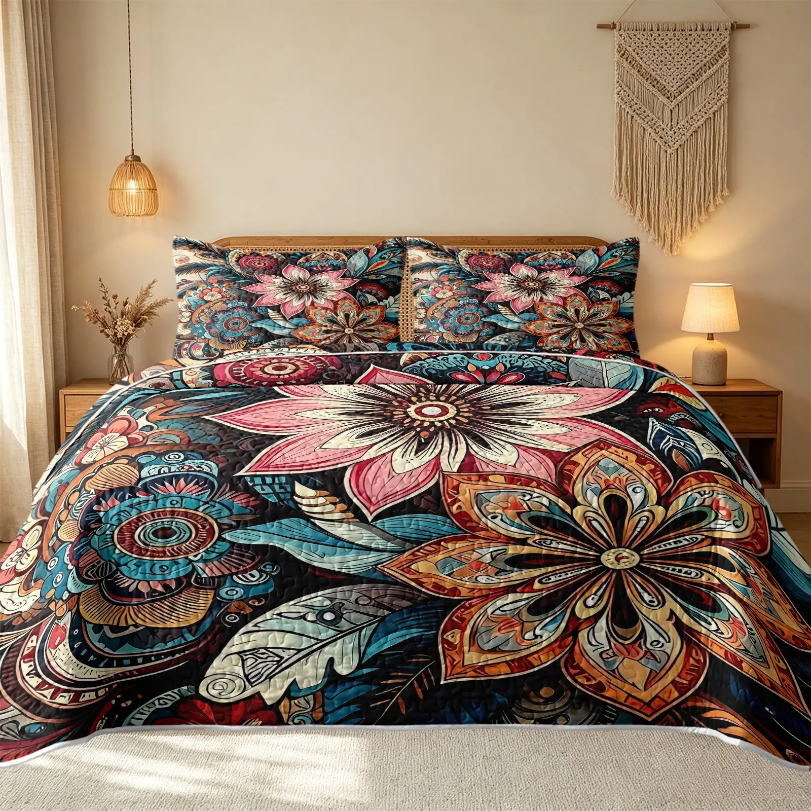 3Pcs Bohemian Large Floral Quilt Set Includes 1 Quilt and 2 Pillowcases Rich Contrast Color Large Mandala Flower Pattern Exotic Ethnic Art Style Reversible Lightweight Bedding No Inner Filling All Season Artistic Unique Gift Floral Bedding Sets
