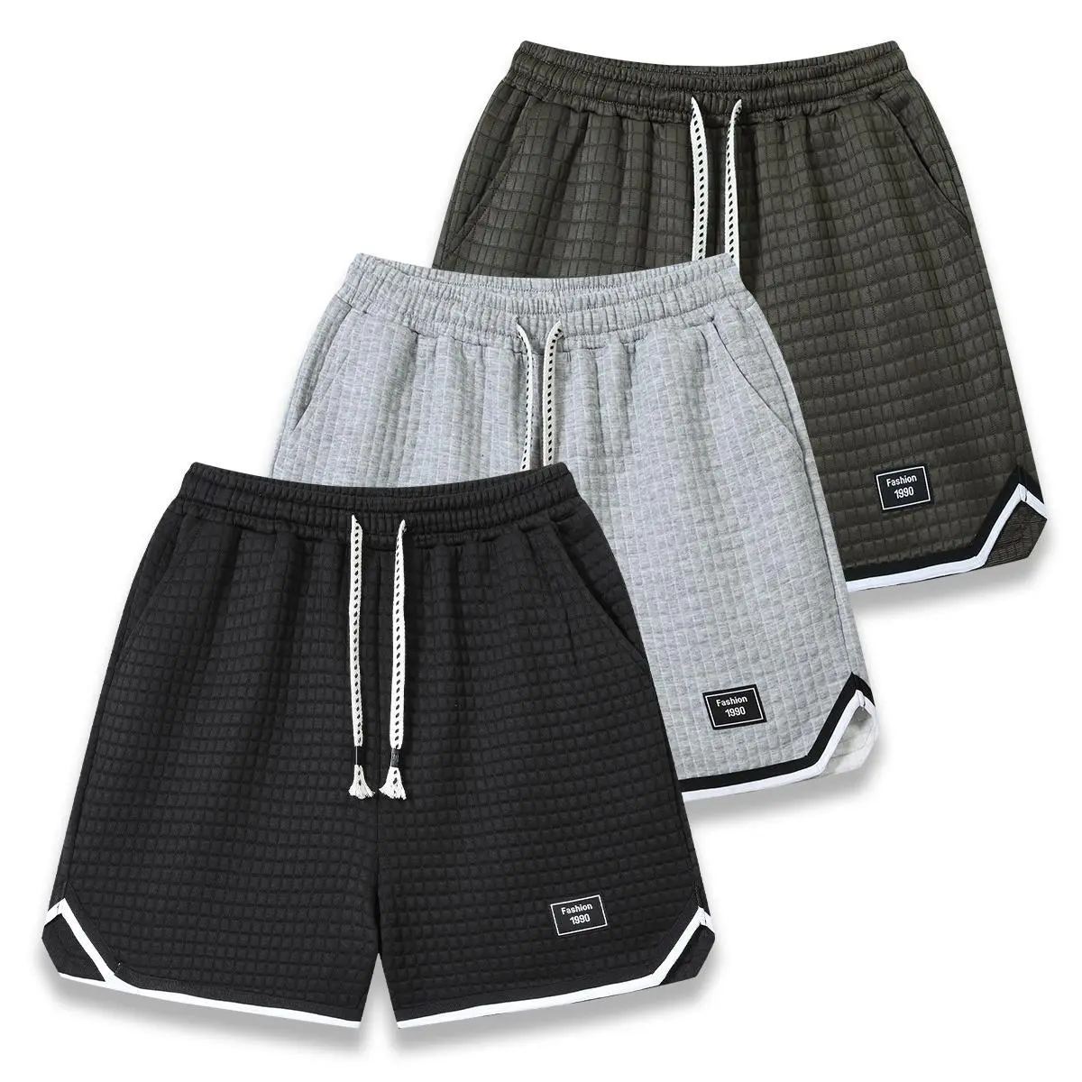 3 Counts Mens Oversized Baggy Puffy Lattice Five Inch Shorts Three Neutral Earth Solid Range Double Layer Contrast Cuff Design Relaxed Spacious Thigh Silhouette Rear Single Patch Pocket Wrinkle Resistant Soft Thick Grid Material
