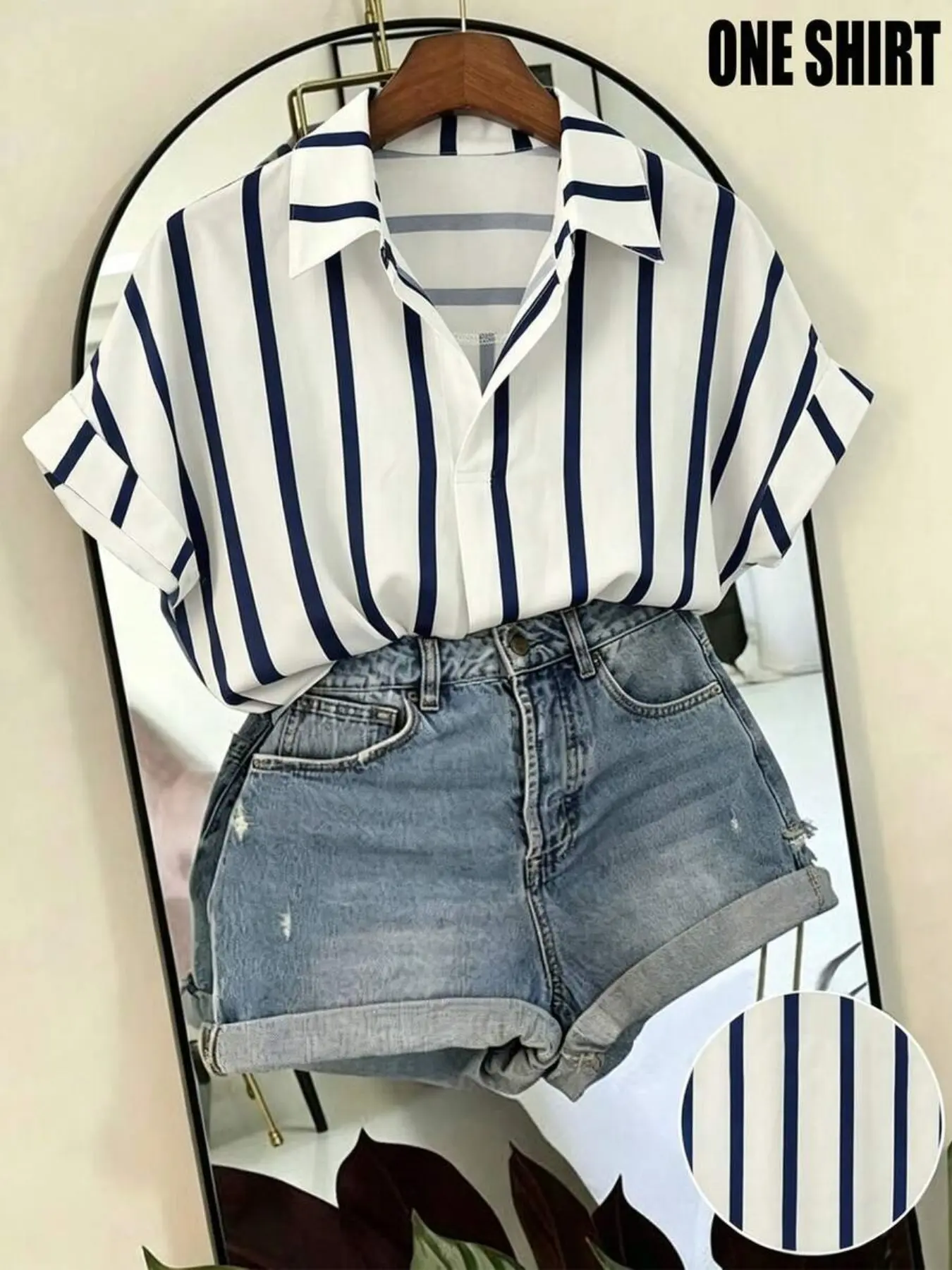 Women's Striped Printed Shirt, Loose Batwing Short-Sleeve Pullover, Casual Vacation Top, Daily Commute Business Blouse