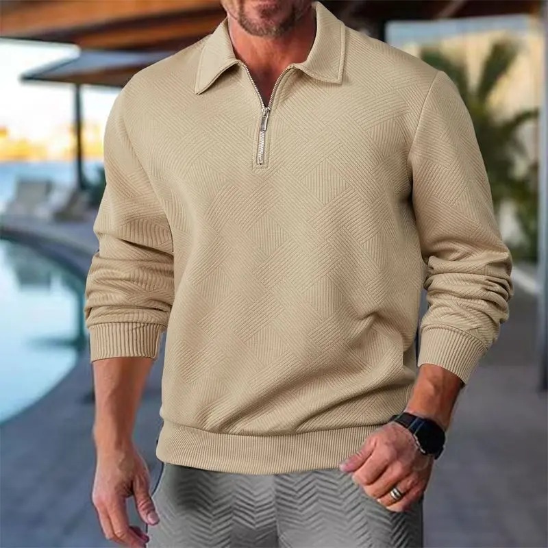 Menswear Stylish Textured Quarter-Zip Polo Sweatshirt - Longsleeves Casual Lapel Pullover with Ribbed Cuffs, Foldable, Solid Color Knit Fabric Top for Daily Wear & Outdoor Activities
