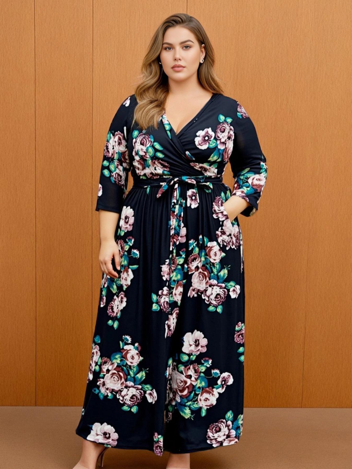 Women's V Neck Stretchy Casual Long Plus Size Dress, Perfect for Bridesmaids, Vintage Style Wedding & Party Wear, Comfortable All-Day Fabric