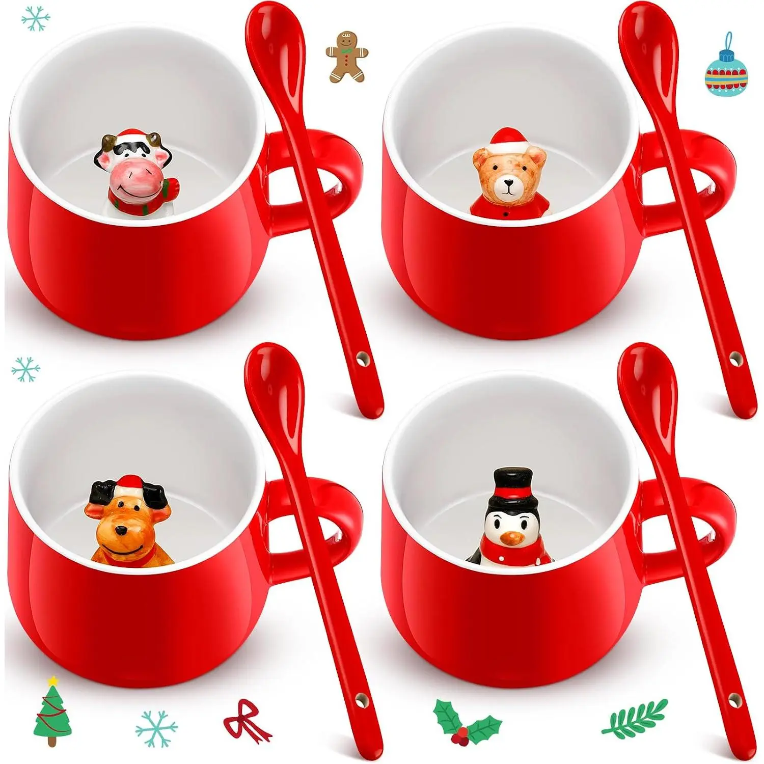 4 count  Christmas Coffee Mugs 13.5 oz Hot Cocoa Mug Ceramic Snowman Santa Christmas Tree  Inside Cup Cute  Figurine Mug Cartoon  cup for Women Men Office (Warm Style)