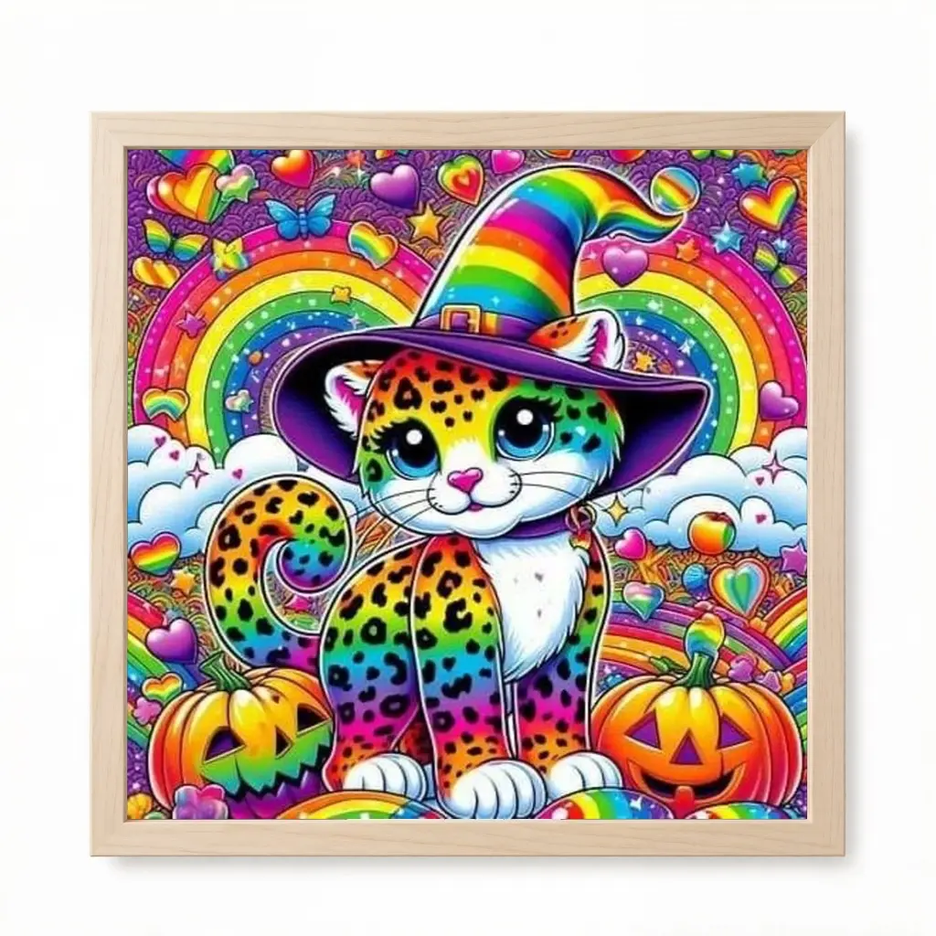 A 2D flat frameless hand-made DIY diamond painting kit with cartoon fantasy style, featuring rainbow wizard hat leopard print cat, pumpkins, hearts and rainbow elements, ideal for home decor and handcraft lovers as creative gifts.