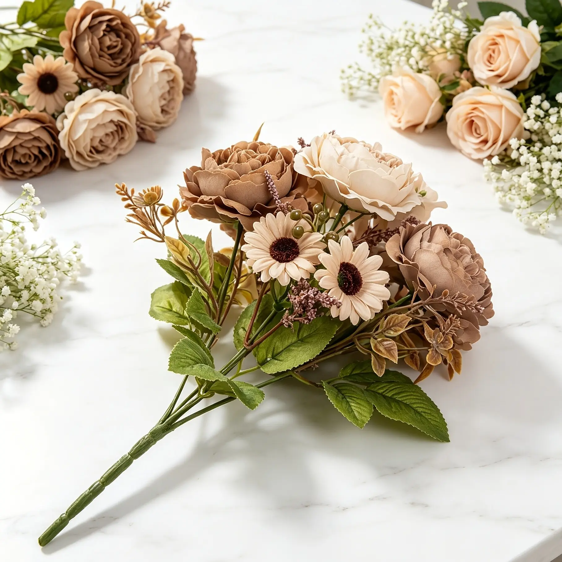 Outdoor Artificial Flowers, Coffee Color Daisy Rose Peony Bouquet, Elegant Low Maintenance Decorative Fake Flowers, Home Decor Vase Arrangement