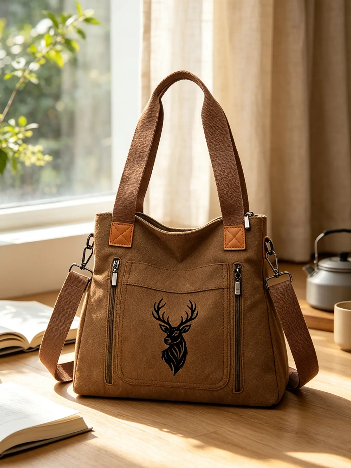 Stylish canvas bag with deer print, large-capacity crossbody shoulder bag with multiple compartments, casual daily bag for students to school and outings, Handbag Crossbody Bag