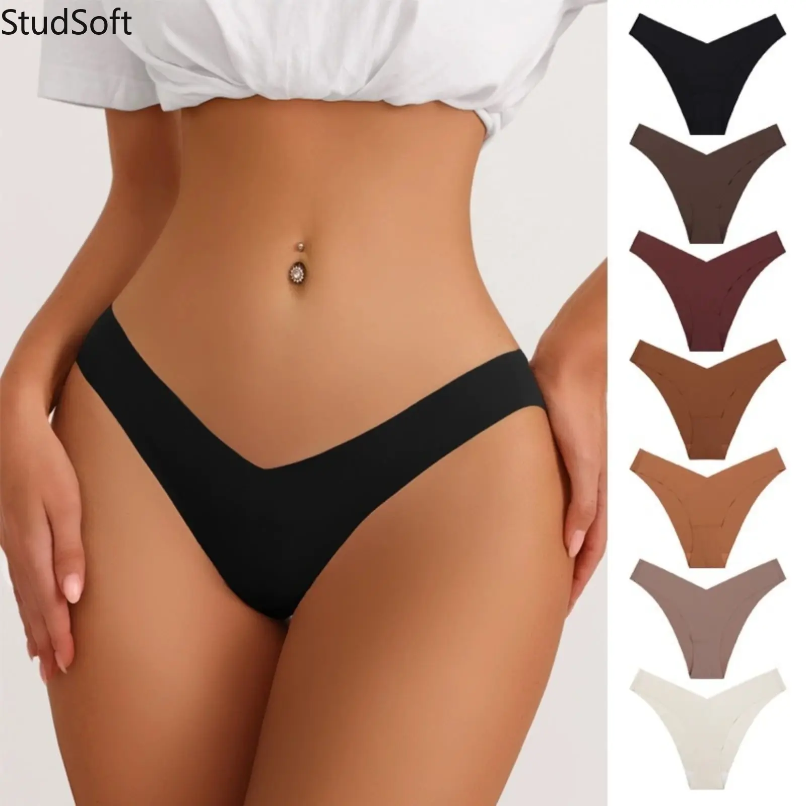 7 Pack Seamless Women's Panties Sexy V-Shaped Thong Low Rise Ice Silk Underwear No Show Briefs Bulk Lingerie Set Soft Cotton Crotch for Daily Wear