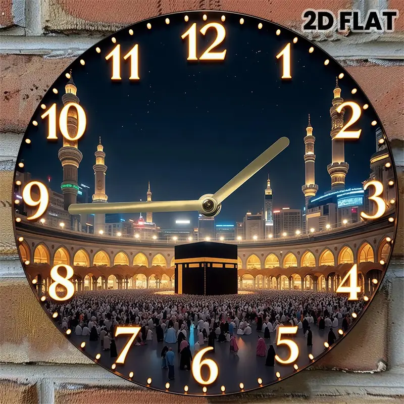 Kaaba Mecca Islamic Wall Clock, 12-Inch Silent Non-Ticking Quartz Clock, Muslim Mosque Aesthetic Wall Decor for Living Room & Bedroom, Battery Operated, Easy to Read Wall Clock for Ramadan & Eid (Without AA Batteries)