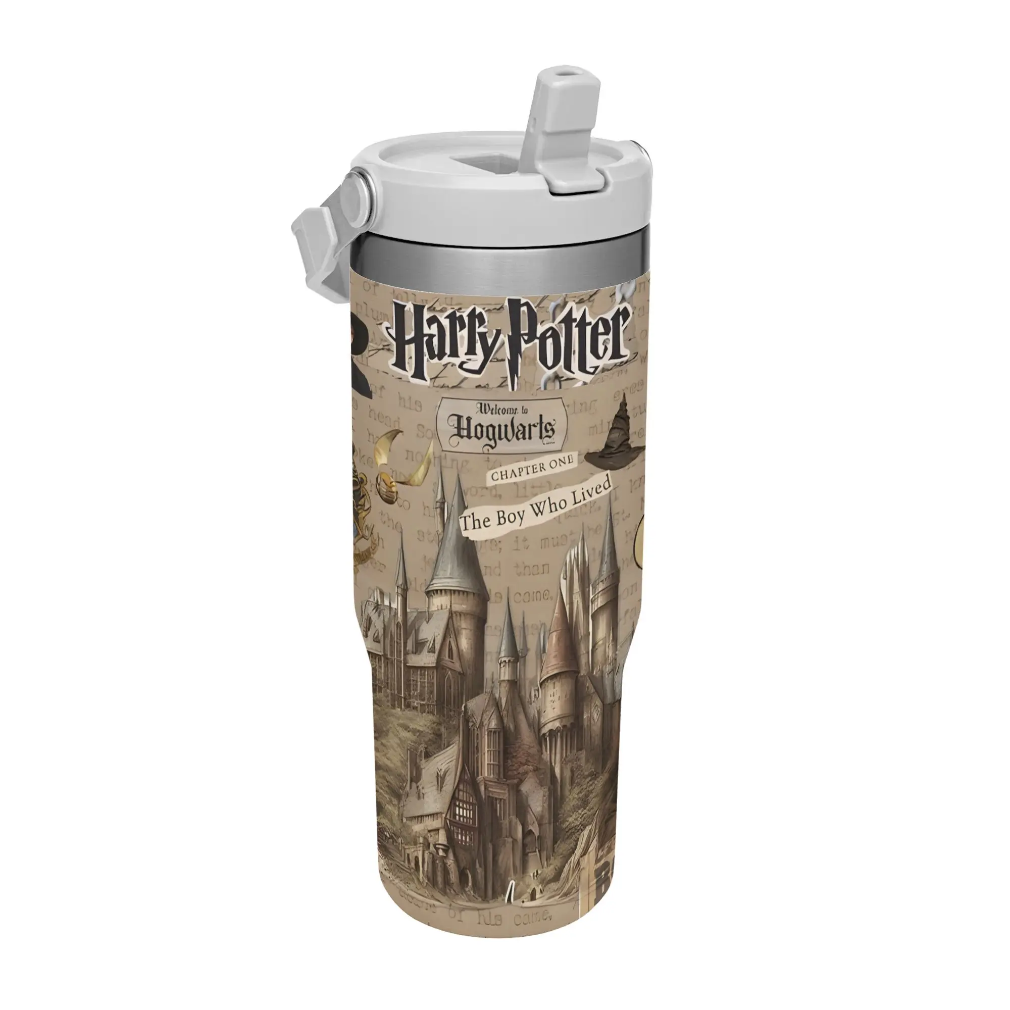 【Back to School】Warner Bros. Harry Potter Vintage Chapter Hogwarts Flip Straw Tumbler 30oz Stainless Steel Vacuum Mug, Leakproof Travel Cup, Antique Book Page Castle Print, Wizard Fan Gift