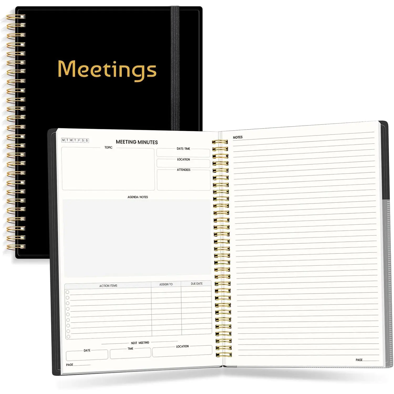 Half Meeting Half Note 7"x10" Notebook for Work – 140 Pages, B5 Size Project Planner for Women&Men, Minutes Organizer for Meeting Notes, Ideas for Office/Business, PVC  Cover, Black