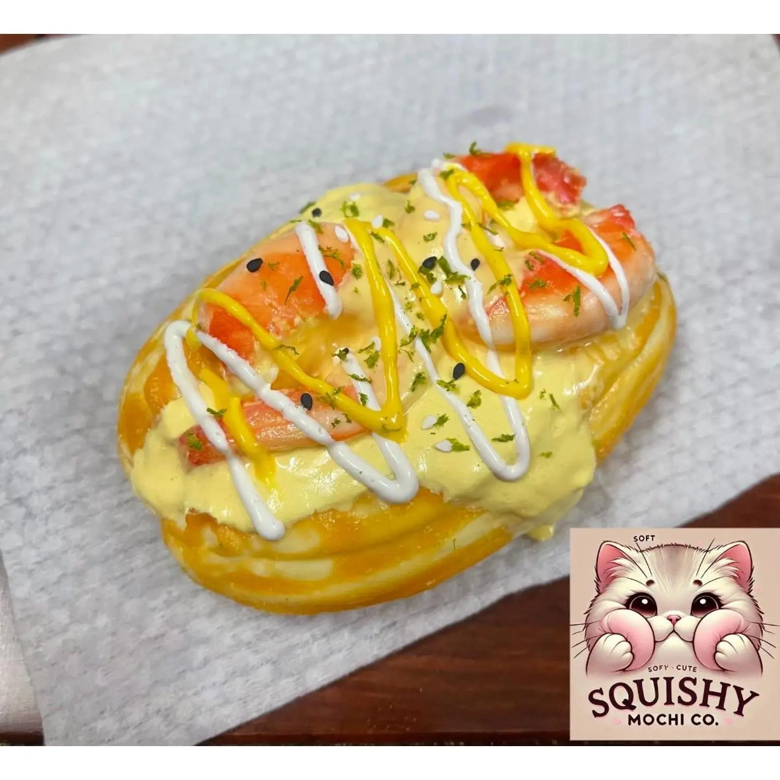 Cheesy prawn fried donuts squishy Stress Reliever - Cute Kawaii Fidget Toy for Anxiety Relief - Soft Sensory Squeeze Toy /taba squishy
