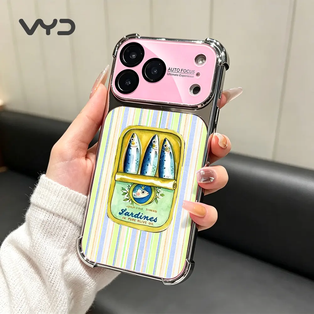 Electroplated TPU Material 4-Corner Shock-Resistant Sardine Fish Phone Case - Vintage Mediterranean Pastel Striped, Artistic Seafood Olive Oil Tin Illustration, Premium Gift for iPhone Series (17 Pro Max, 17 Air, 16, 15, 14, 13, 12, 11 Pro Max), Cute Acce
